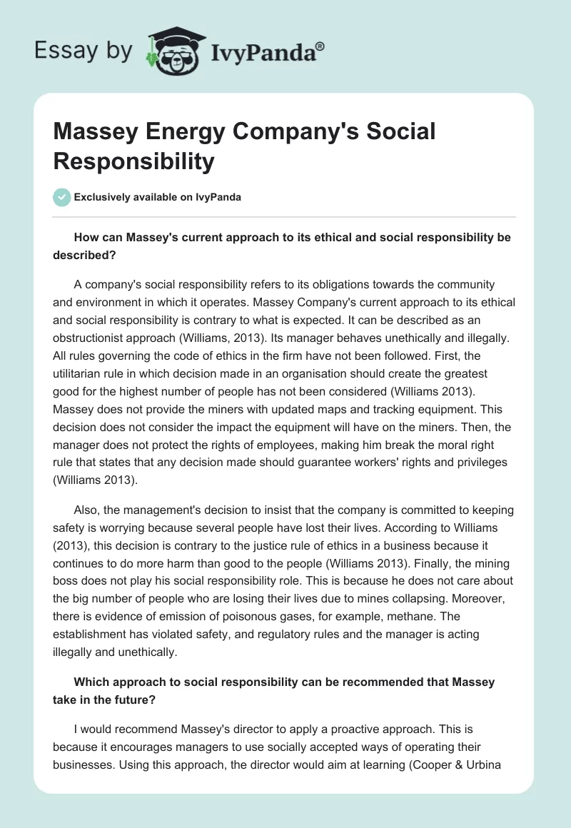 Massey Energy Company's Social Responsibility. Page 1