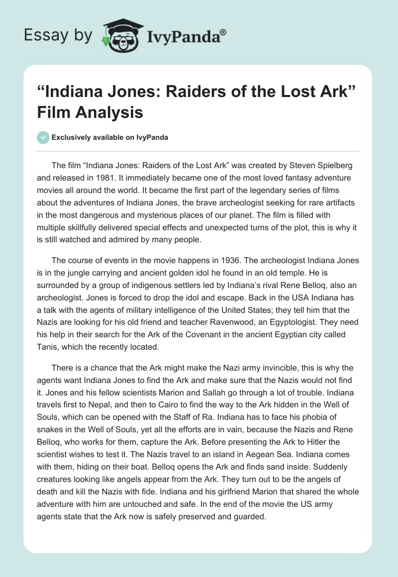 “Indiana Jones: Raiders of the Lost Ark” Film Analysis. Page 1