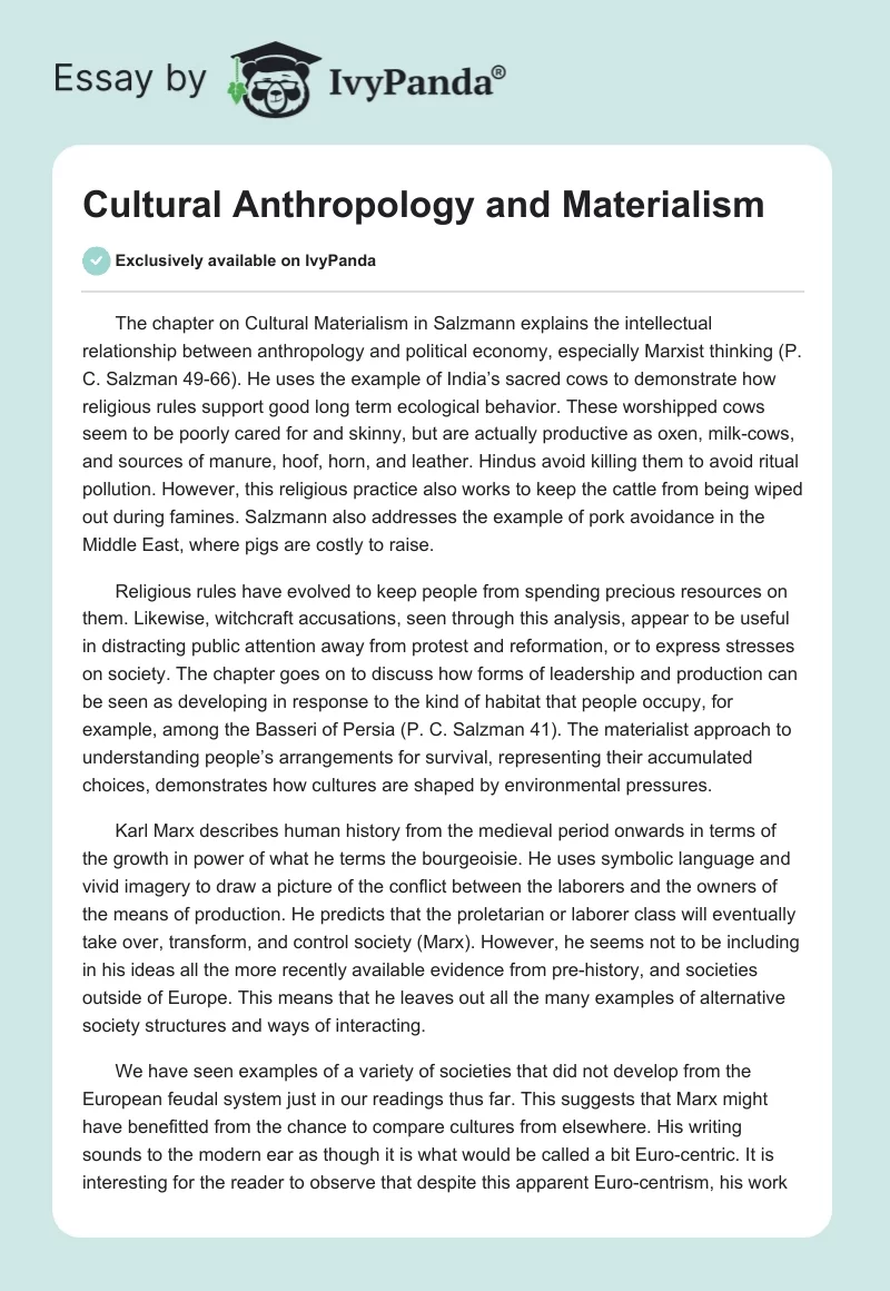 Cultural Anthropology and Materialism - 845 Words | Assessment Example
