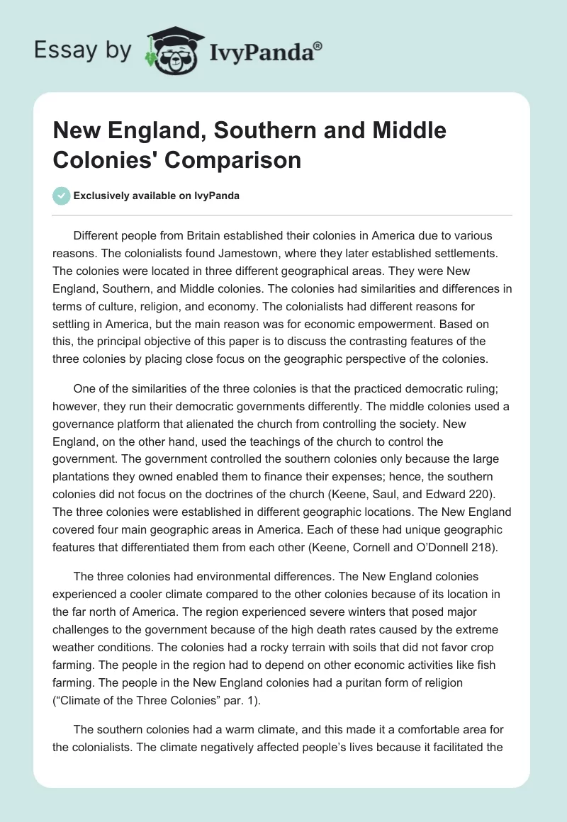 New England, Southern and Middle Colonies' Comparison. Page 1