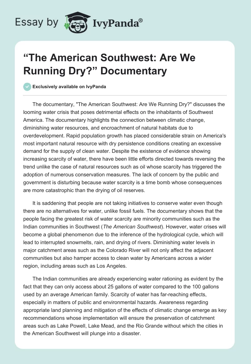 “The American Southwest: Are We Running Dry?” Documentary. Page 1