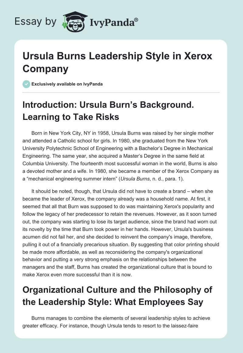 Ursula Burns Leadership Style in Xerox Company. Page 1