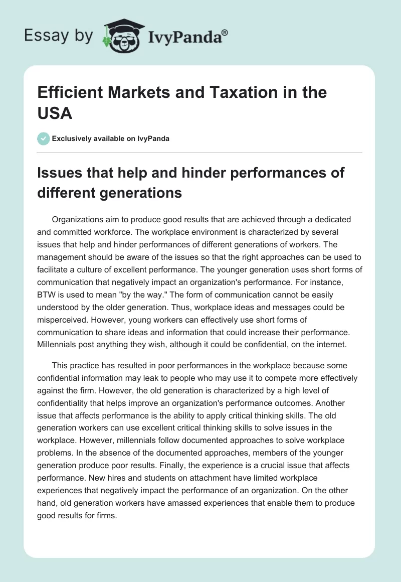 Efficient Markets and Taxation in the USA. Page 1