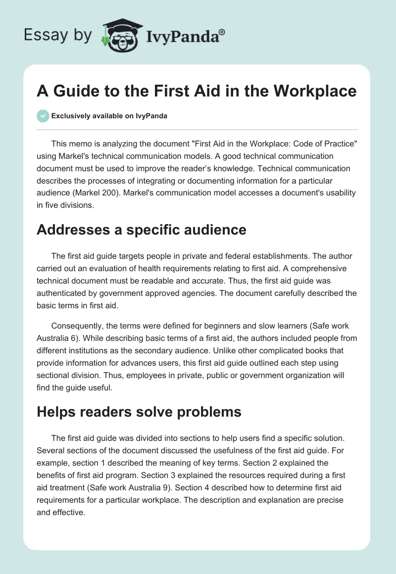 A Guide to the First Aid in the Workplace. Page 1
