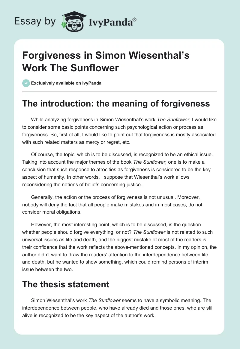 Forgiveness in Simon Wiesenthal’s Work The Sunflower. Page 1