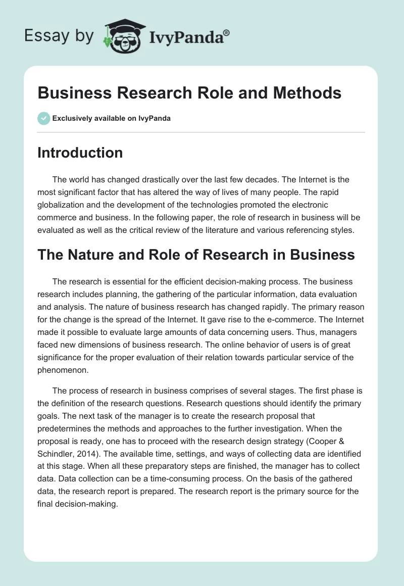 Business Research Role and Methods. Page 1