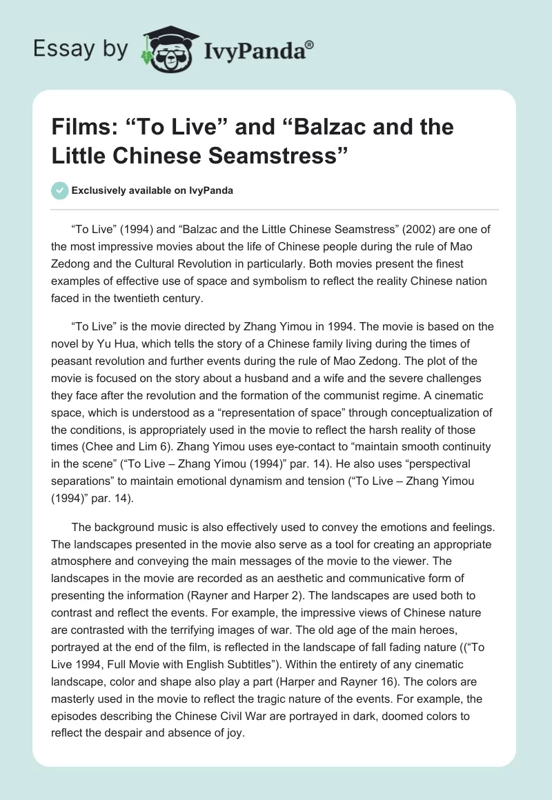 Films: “To Live” and “Balzac and the Little Chinese Seamstress”. Page 1