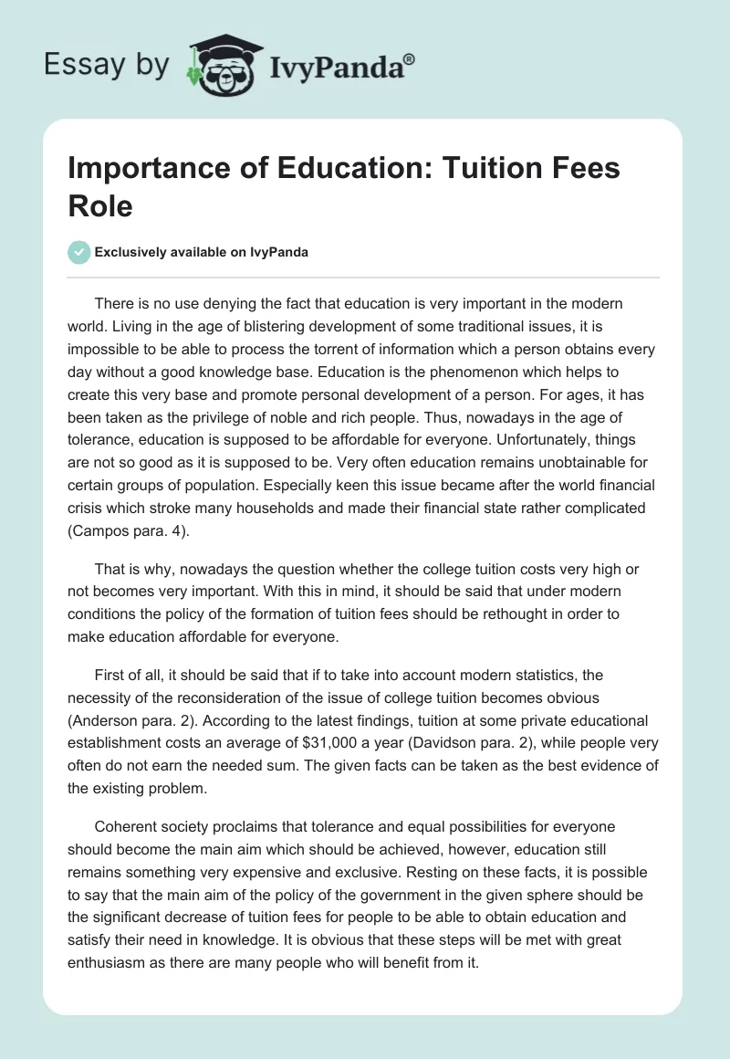 Importance of Education: Tuition Fees Role. Page 1