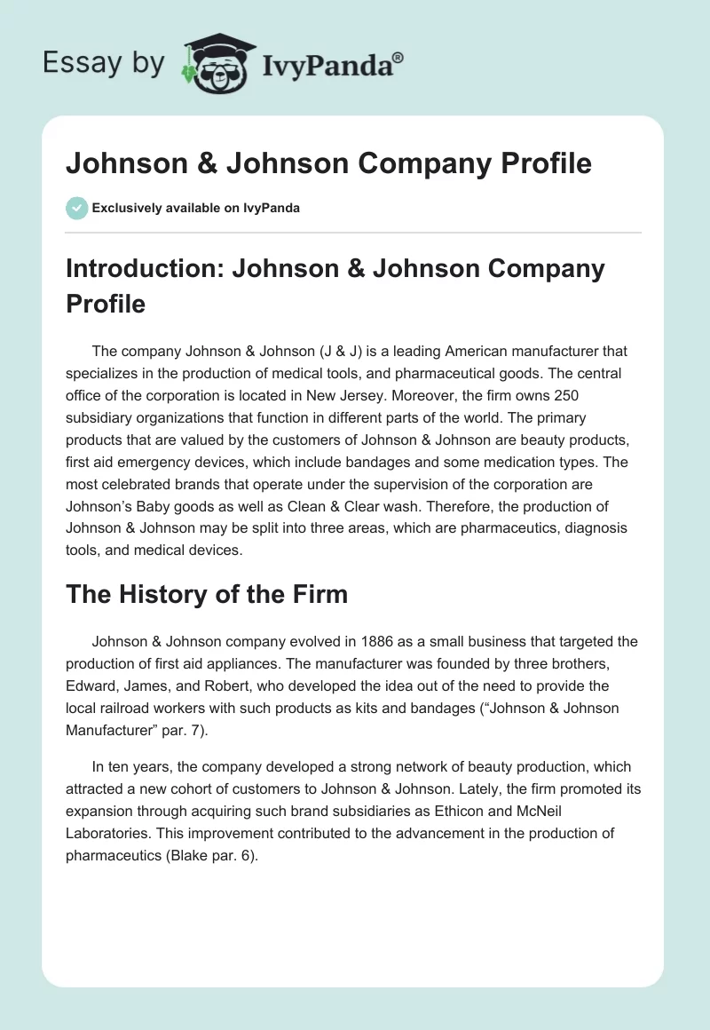 Johnson & Johnson Company Profile. Page 1