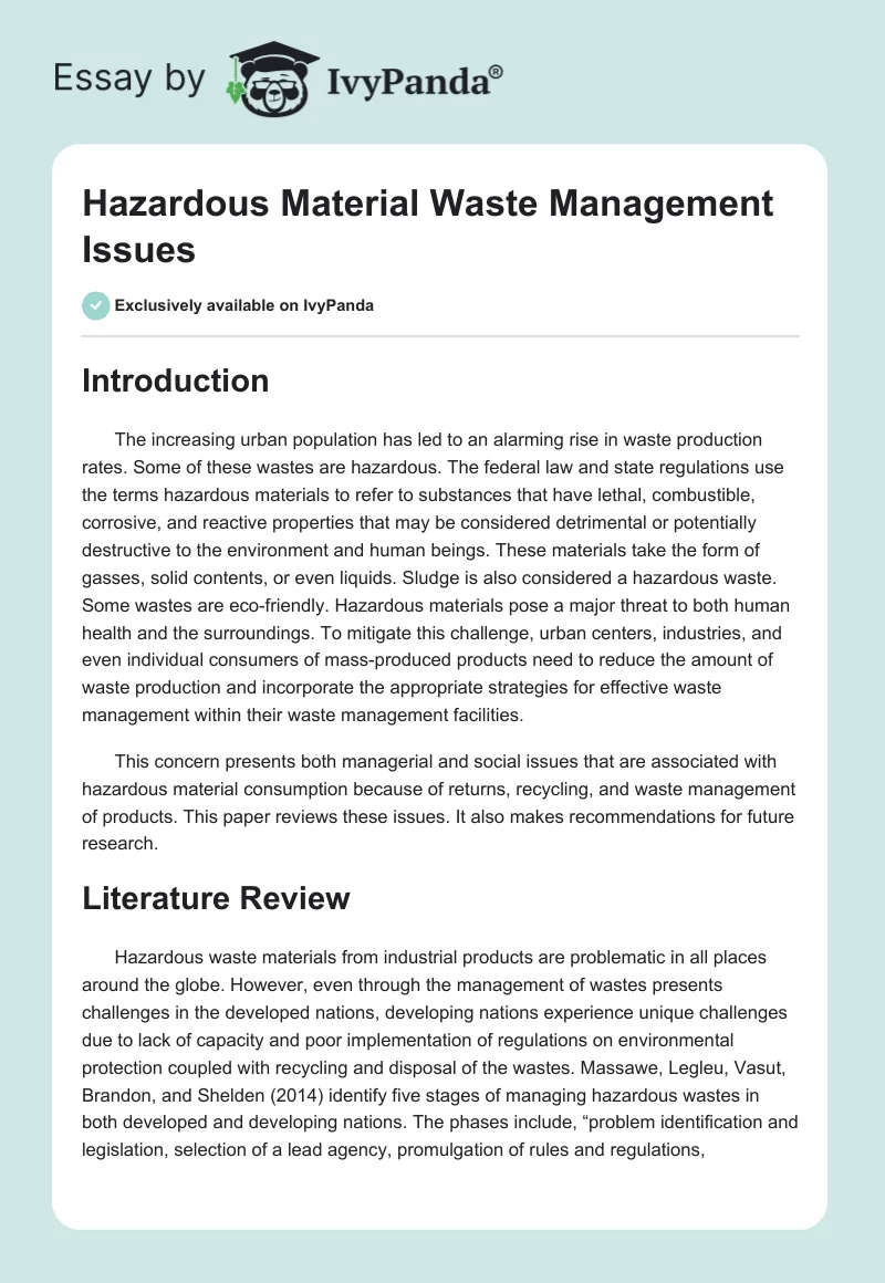 Hazardous Material Waste Management Issues. Page 1