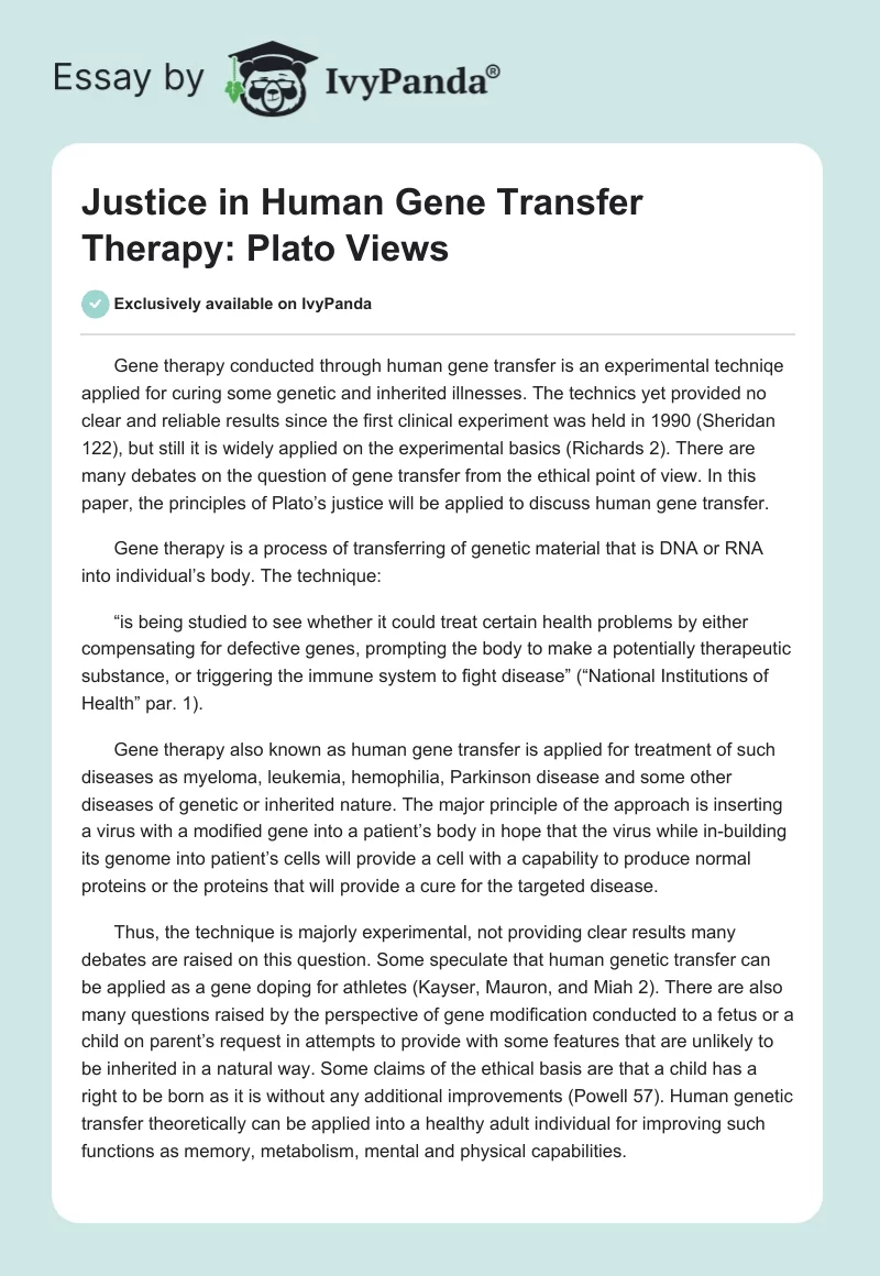 Justice in Human Gene Transfer Therapy: Plato Views. Page 1