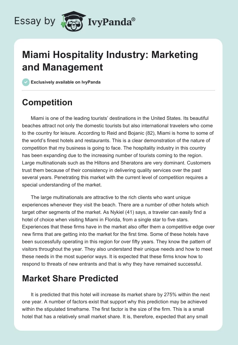 Miami Hospitality Industry: Marketing and Management. Page 1