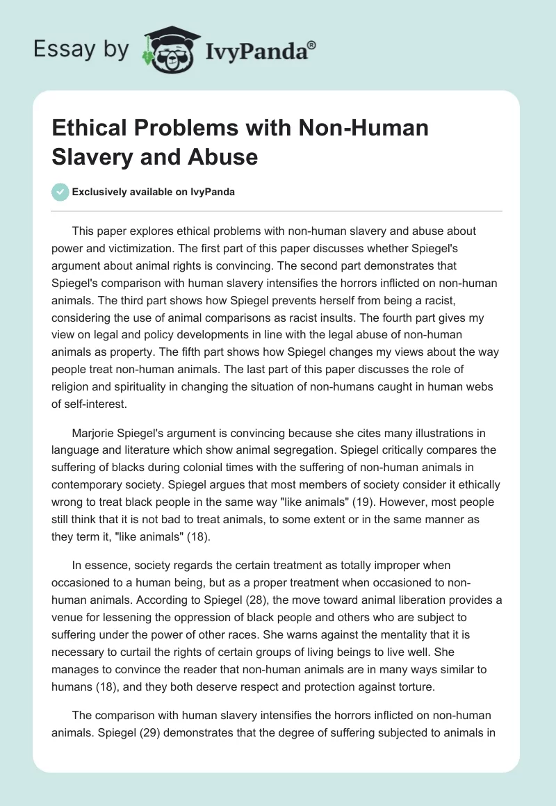 Ethical Problems With Non-Human Slavery and Abuse. Page 1