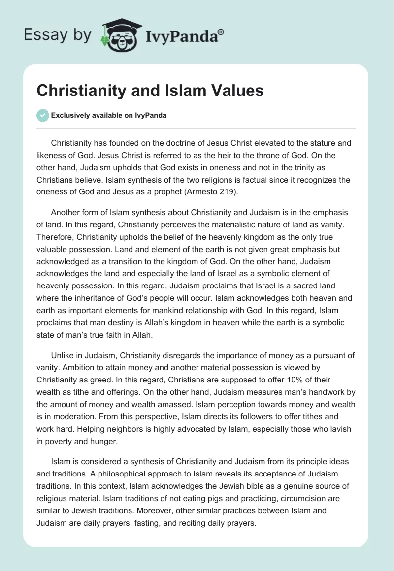 Christianity and Islam Values. Page 1