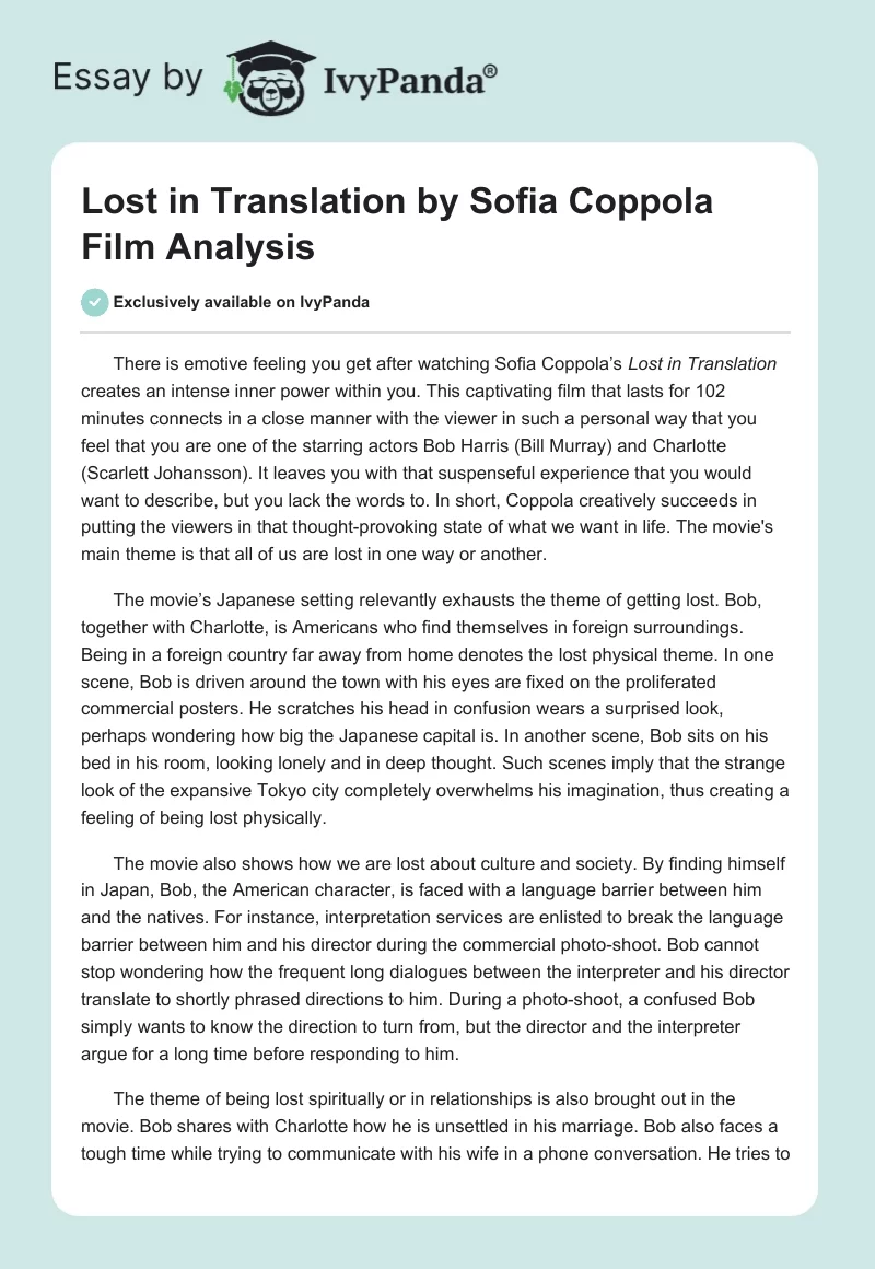 “Lost in Translation” by Sofia Coppola: Film Analysis. Page 1