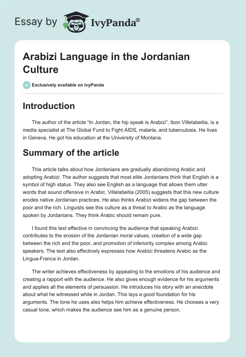 Arabizi Language in the Jordanian Culture. Page 1