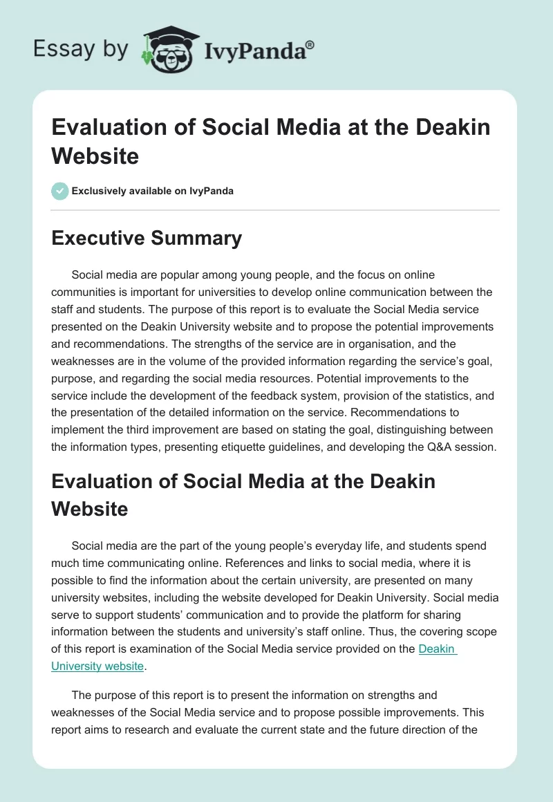 Evaluation of Social Media at the Deakin Website. Page 1