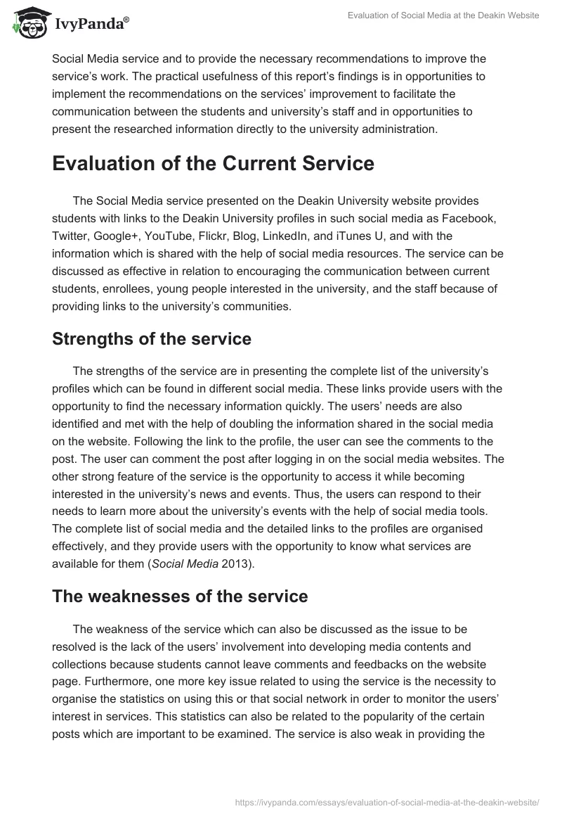 Evaluation of Social Media at the Deakin Website. Page 2