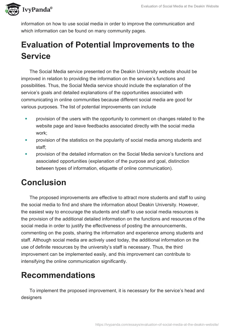 Evaluation of Social Media at the Deakin Website. Page 3