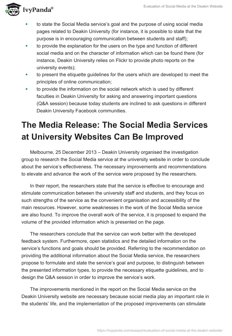 Evaluation of Social Media at the Deakin Website. Page 4