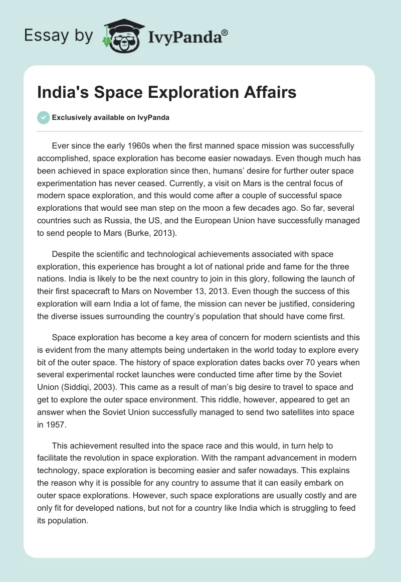 India's Space Exploration Affairs. Page 1
