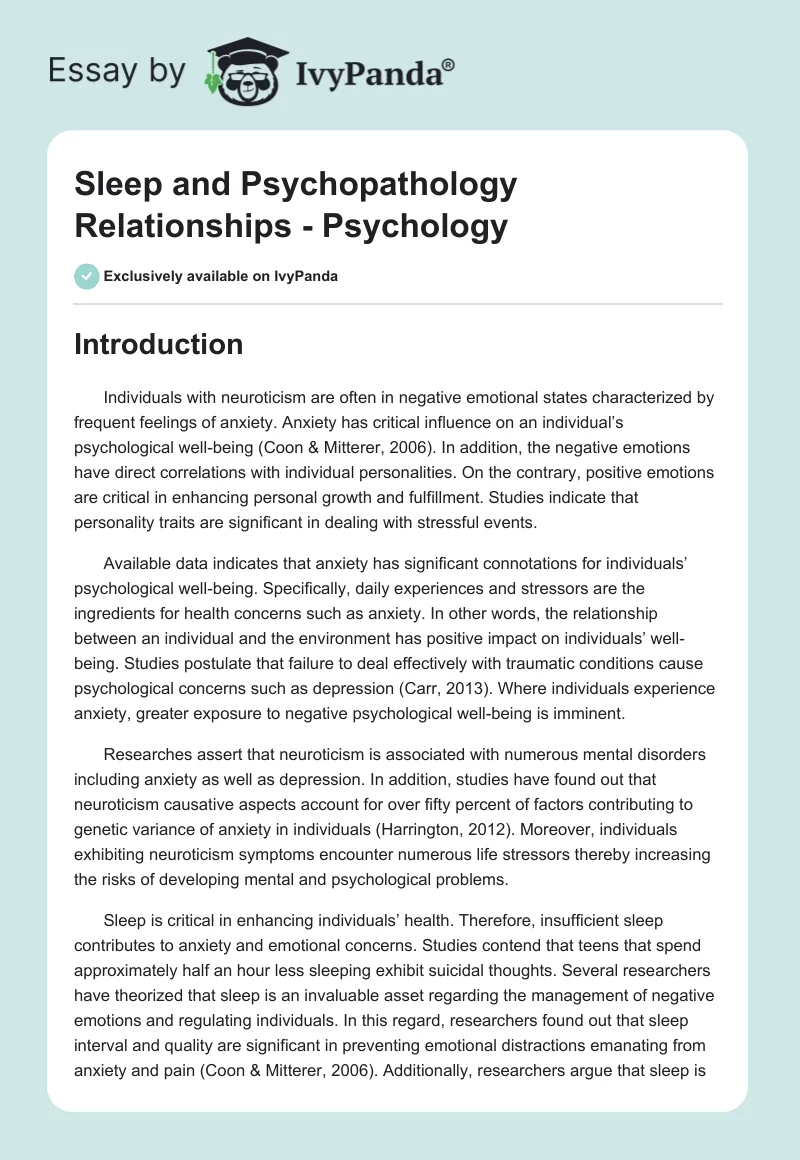 Sleep and Psychopathology Relationships - Psychology. Page 1
