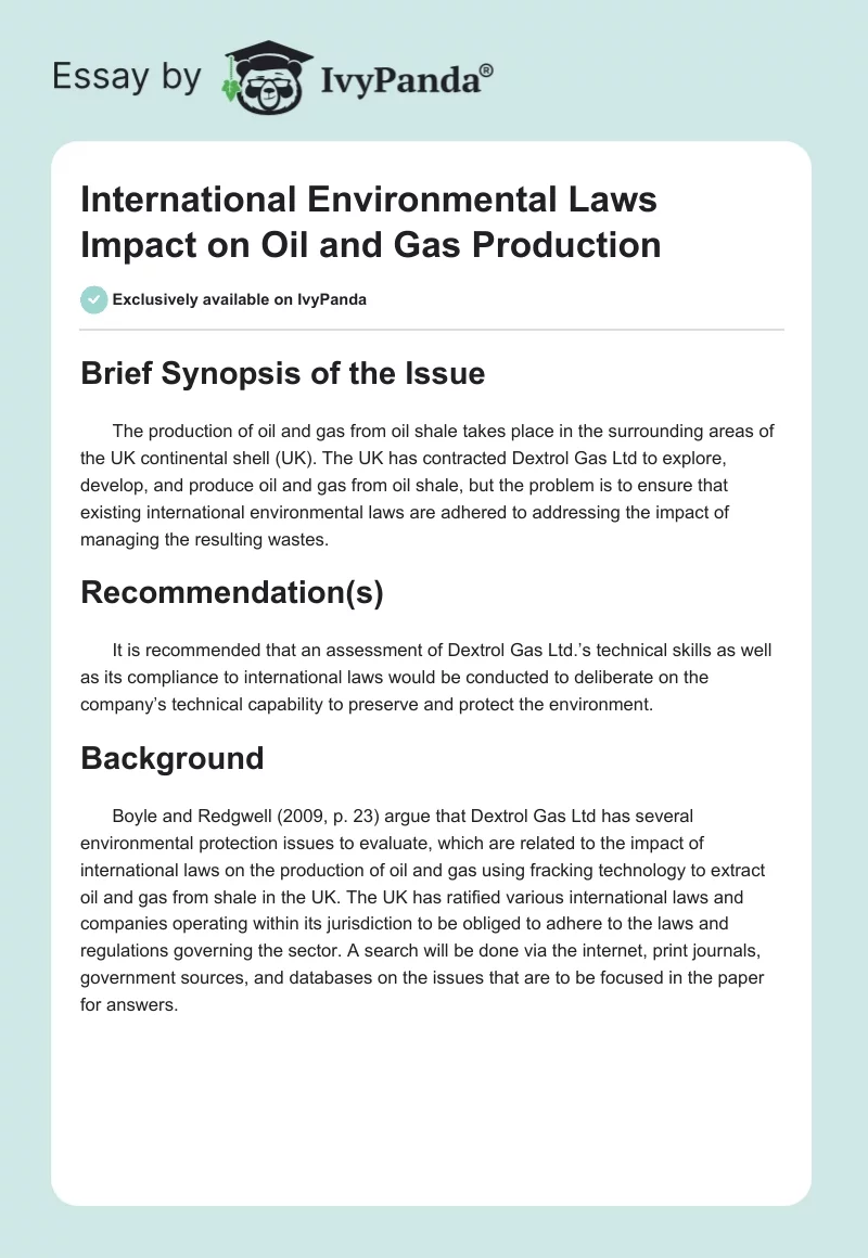 International Environmental Laws Impact on Oil and Gas Production. Page 1