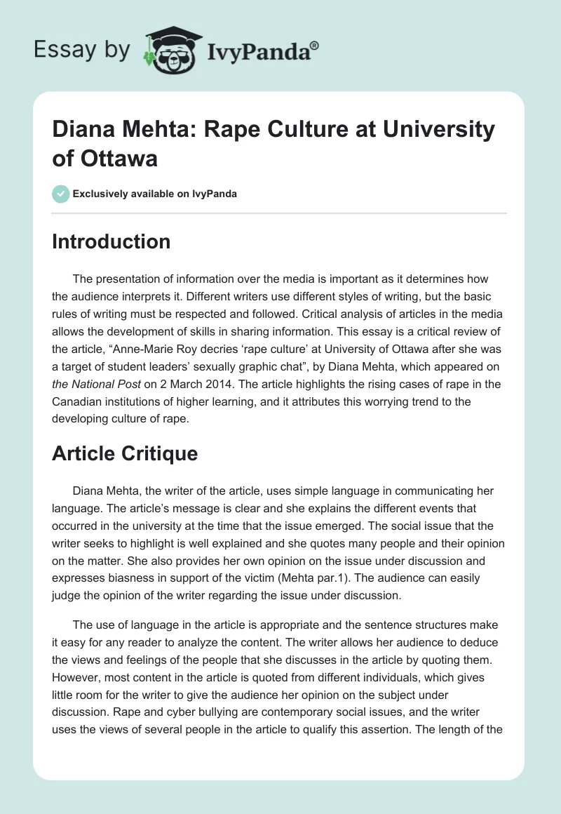Diana Mehta: "Rape Culture" at University of Ottawa. Page 1