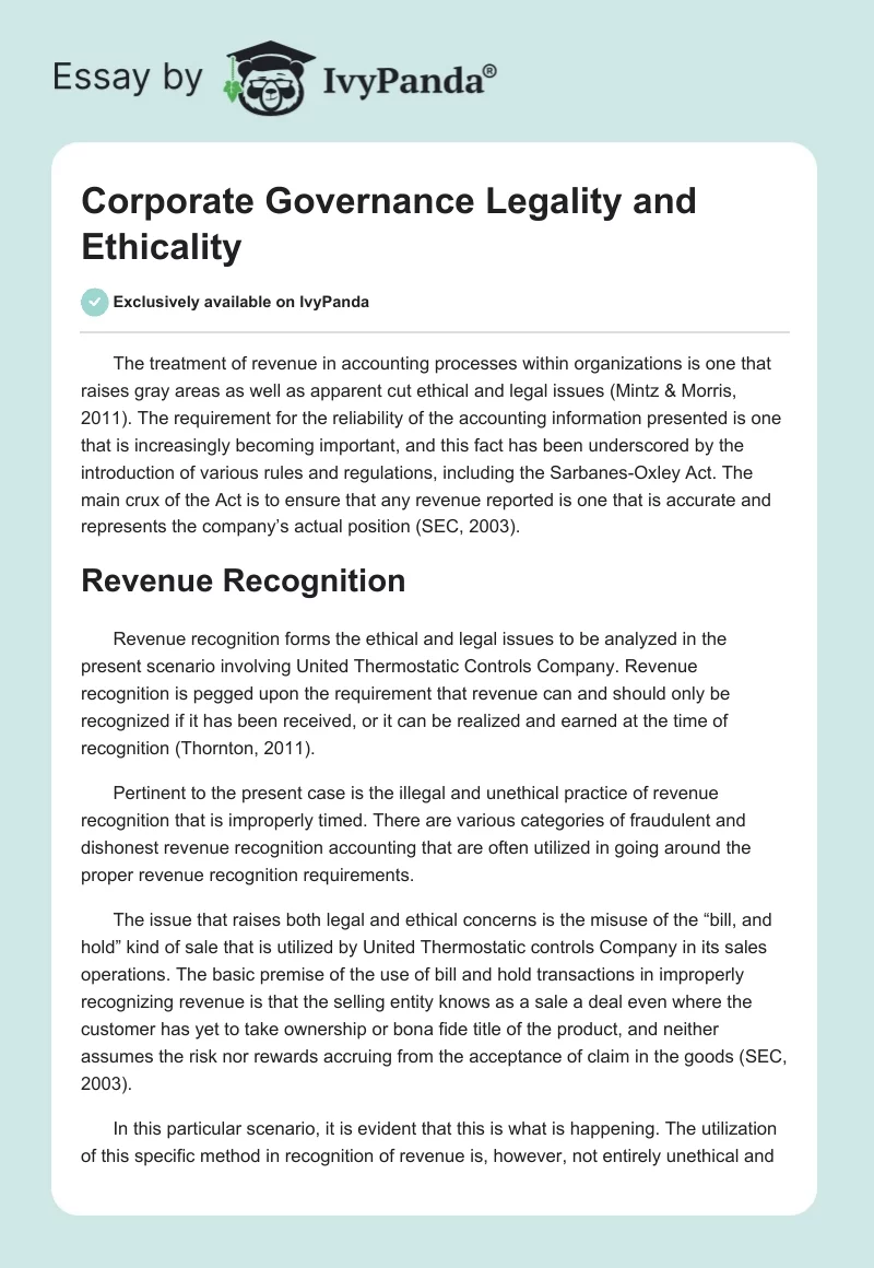 Corporate Governance Legality and Ethicality. Page 1