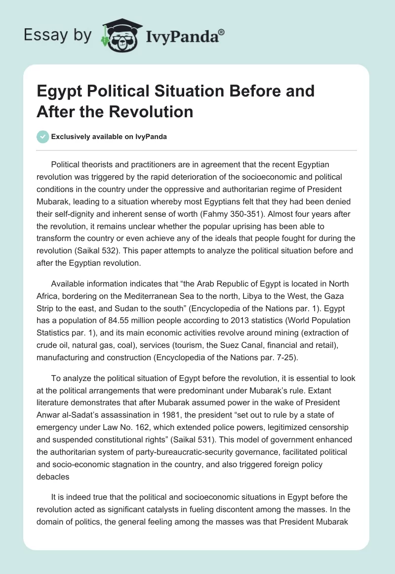 Egypt Political Situation Before and After the Revolution. Page 1