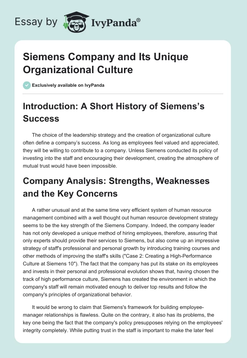 Siemens Company and Its Unique Organizational Culture. Page 1