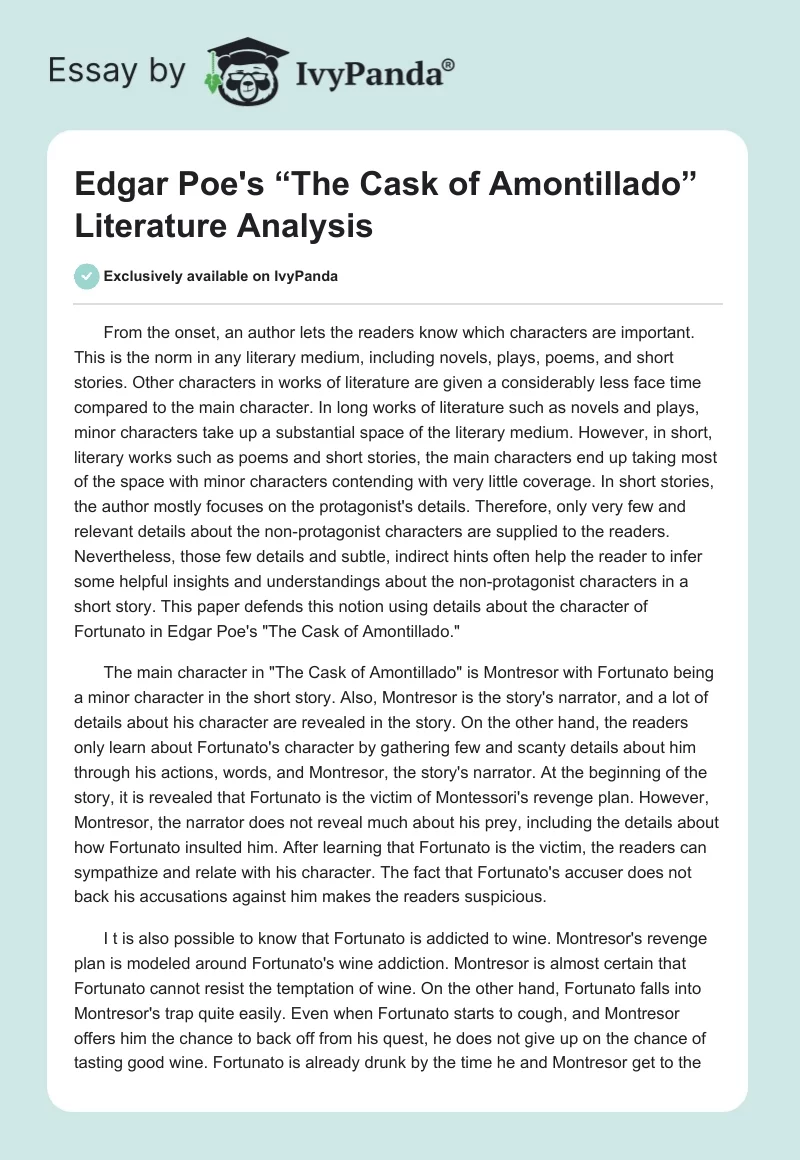 Edgar Poe's “The Cask of Amontillado” Literature Analysis. Page 1