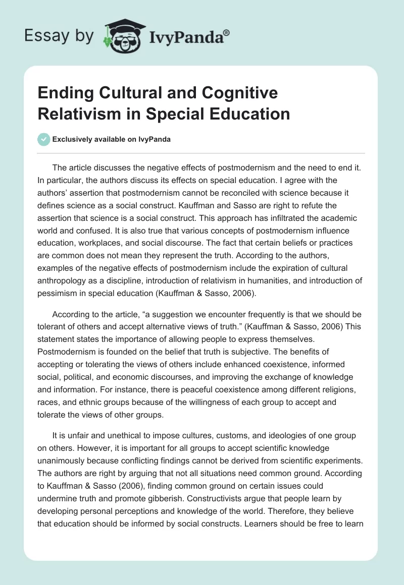 Ending Cultural and Cognitive Relativism in Special Education. Page 1