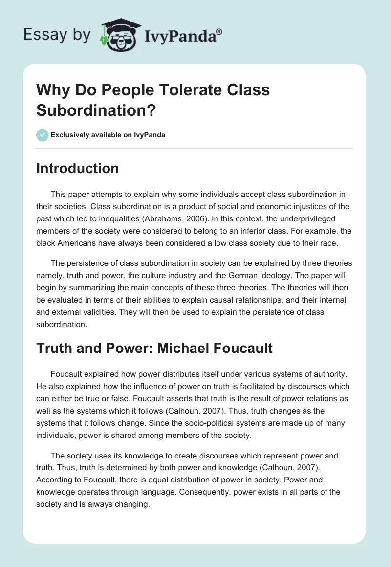 Why Do People Tolerate Class Subordination?. Page 1