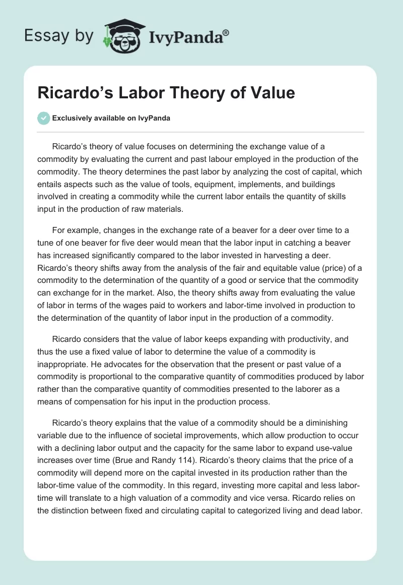 Ricardo’s Labor Theory of Value. Page 1