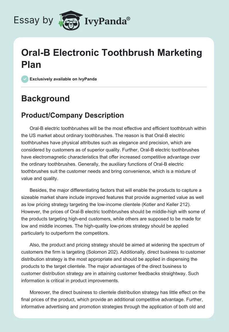 Oral-B Electronic Toothbrush Marketing Plan. Page 1