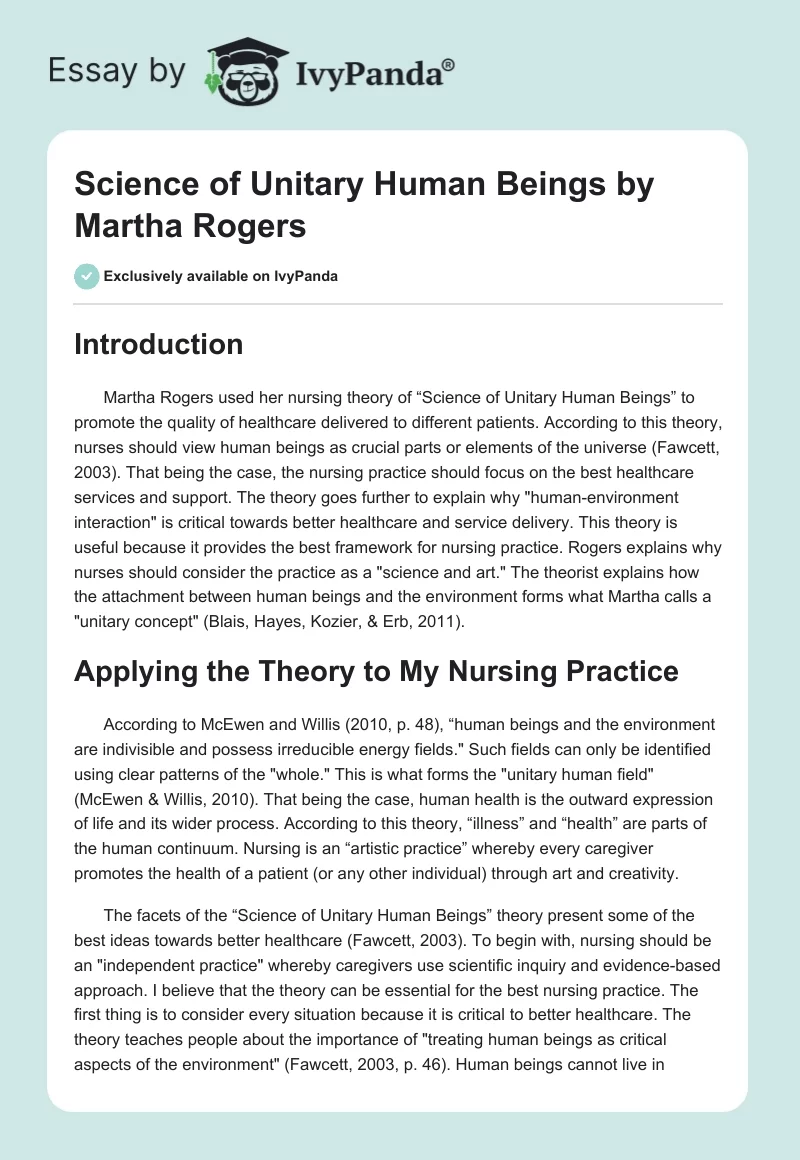 Science of Unitary Human Beings by Martha Rogers. Page 1