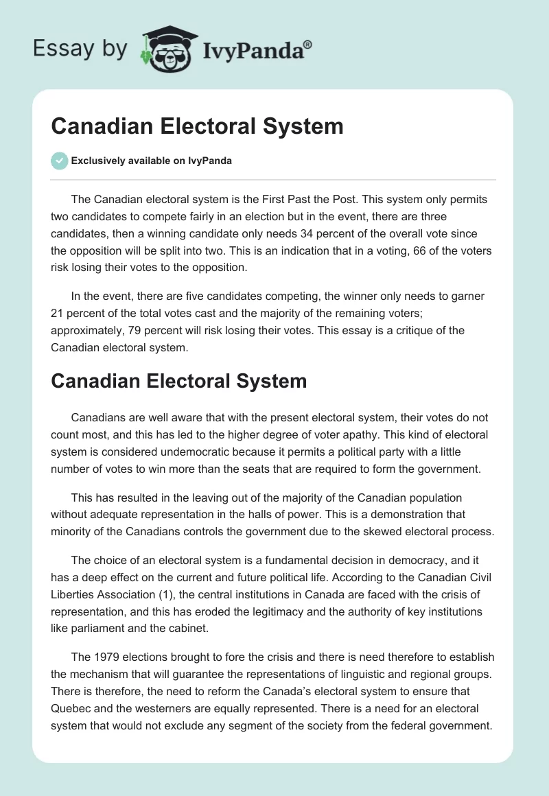 Canadian Electoral System. Page 1
