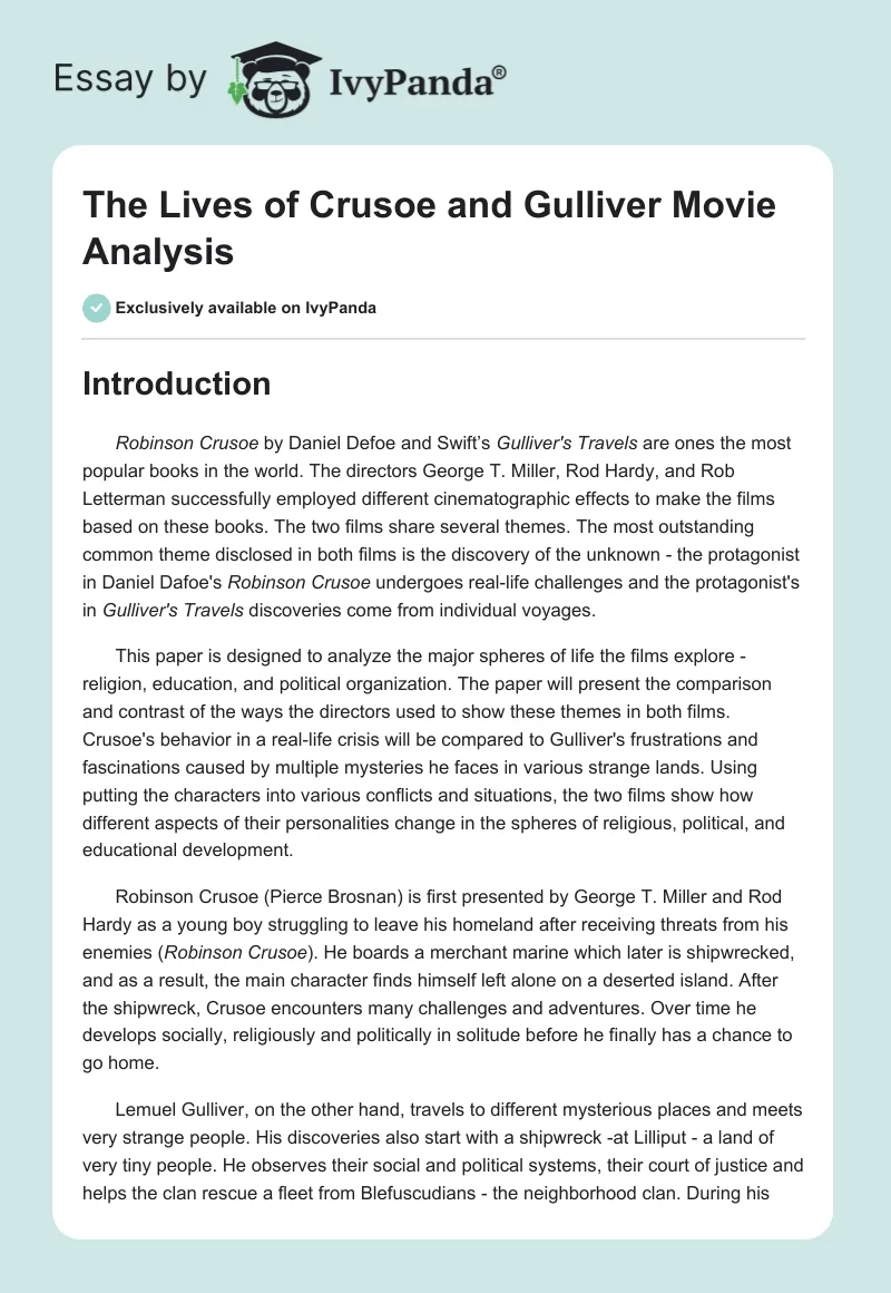 The Lives of Crusoe and Gulliver Movie Analysis. Page 1