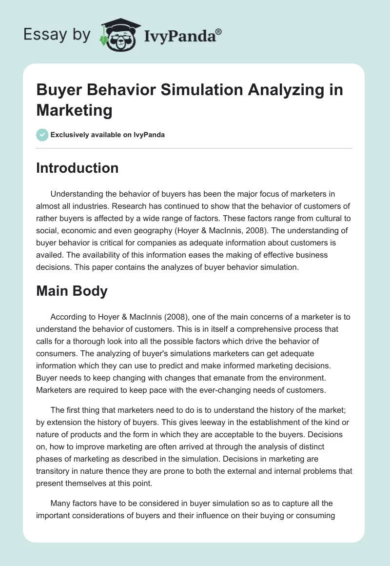 Buyer Behavior Simulation Analyzing in Marketing. Page 1