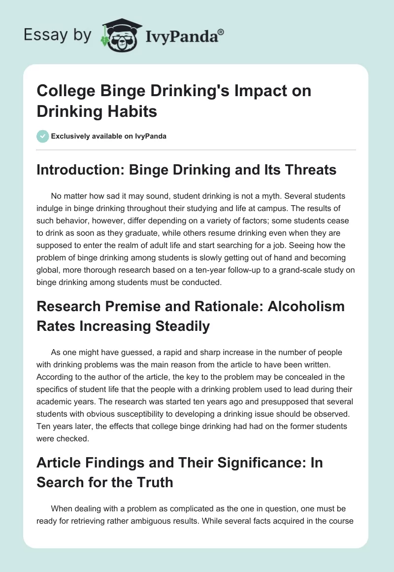 College Binge Drinking's Impact on Drinking Habits. Page 1