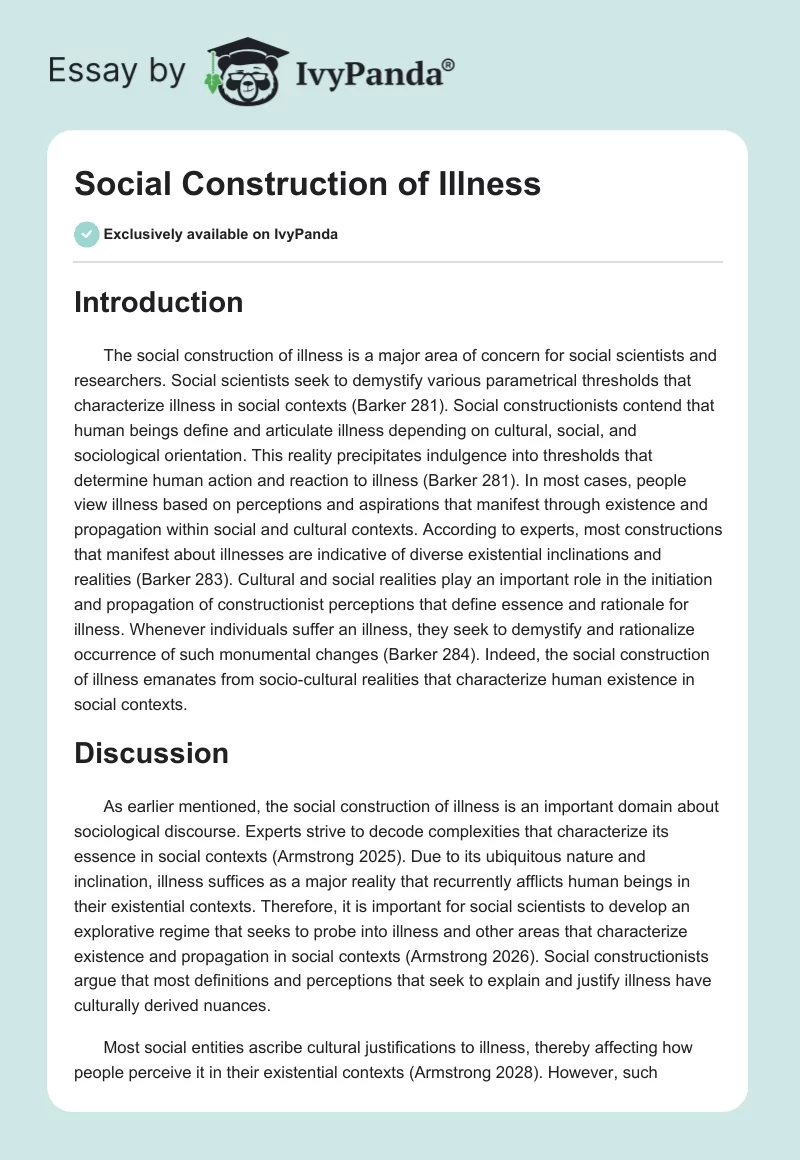 Social Construction of Illness. Page 1