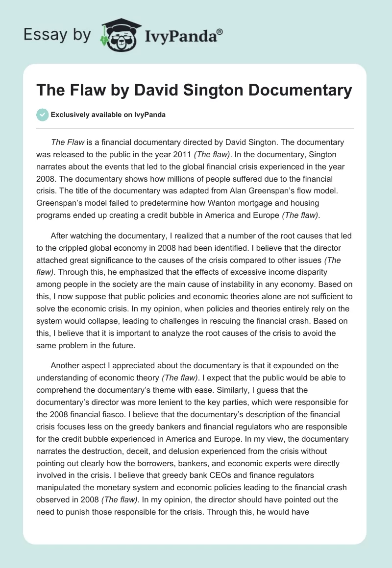 The Flaw by David Sington Documentary. Page 1