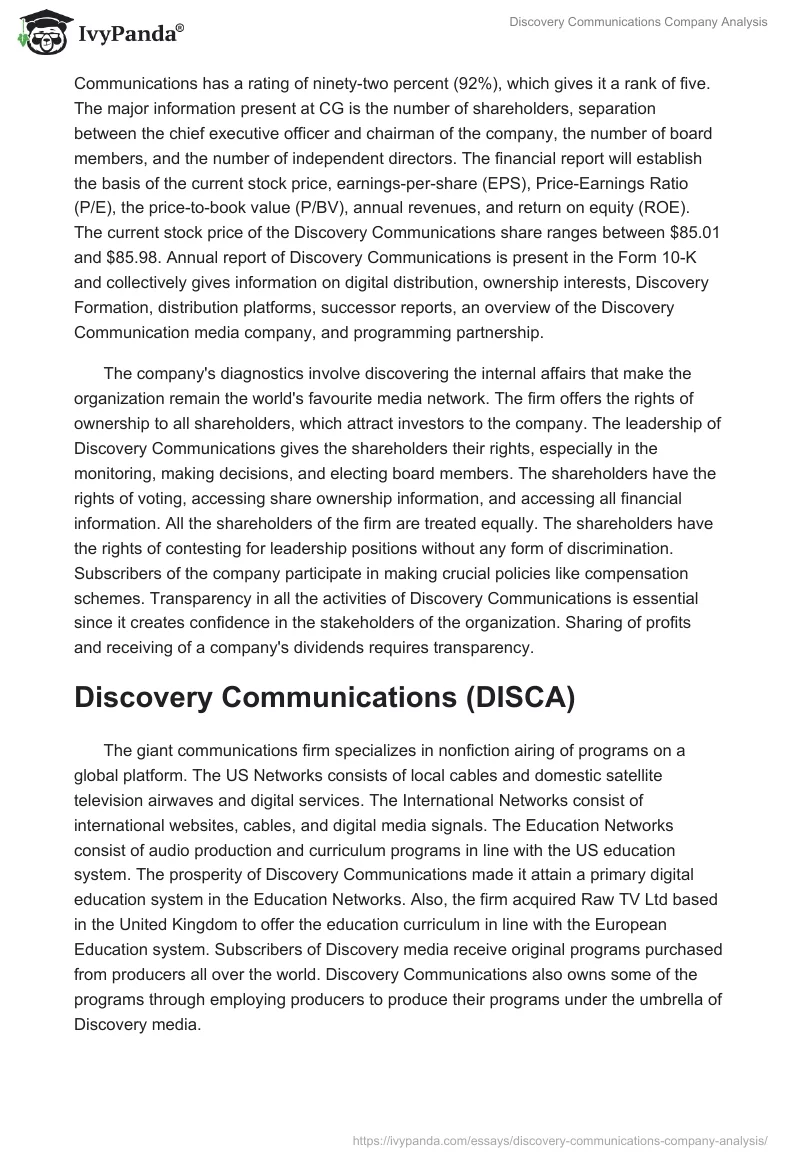 Discovery Communications Company Analysis. Page 2