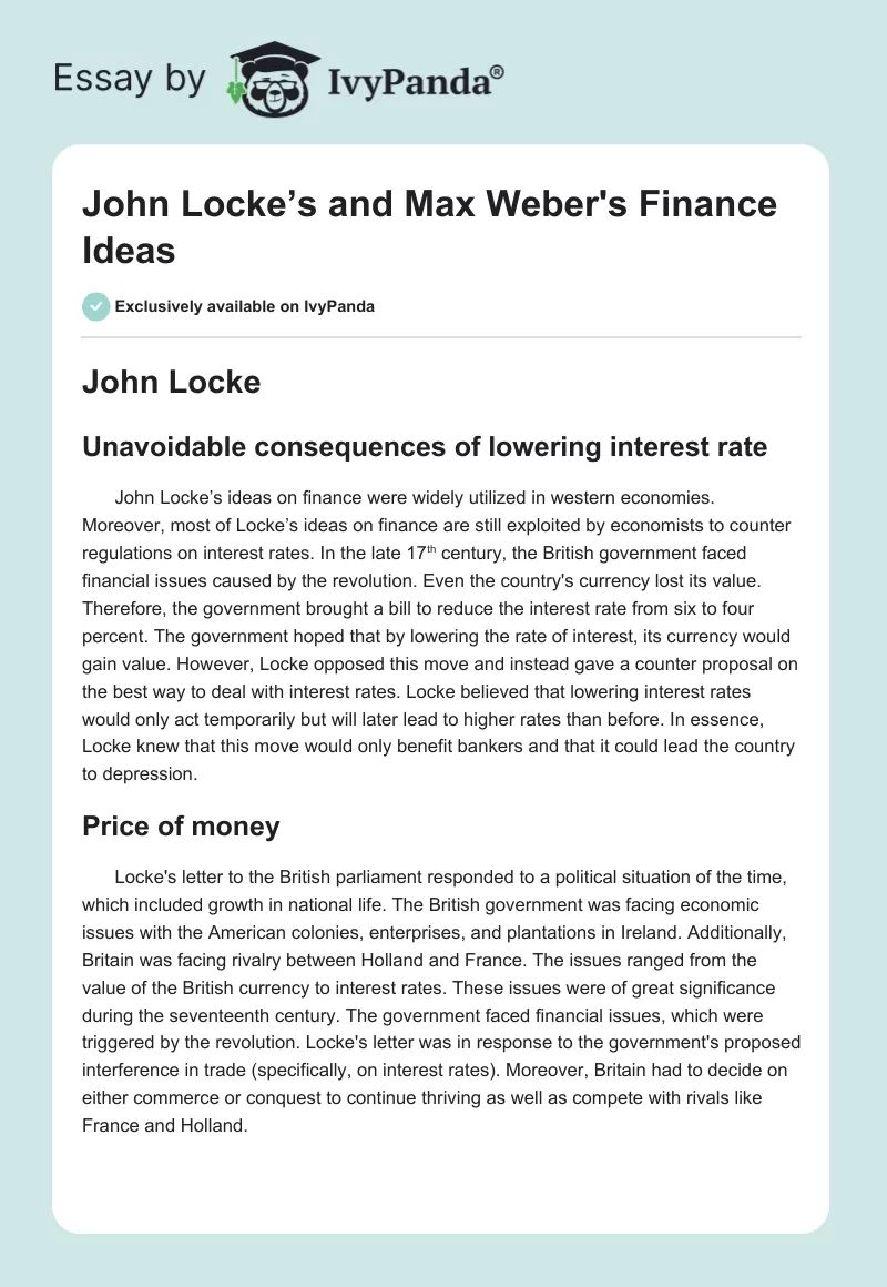 John Locke’s and Max Weber's Finance Ideas. Page 1