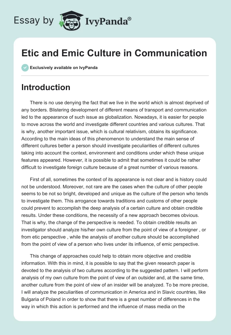 Etic and Emic Culture in Communication. Page 1