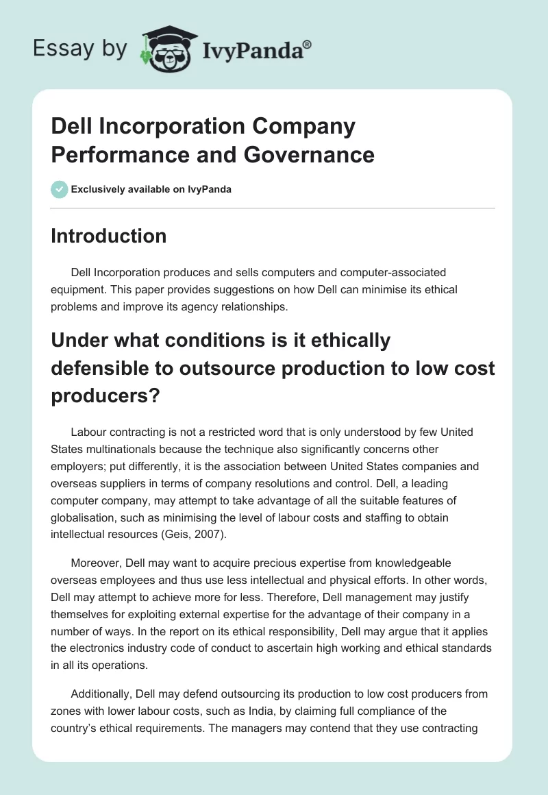 Dell Incorporation Company Performance and Governance. Page 1