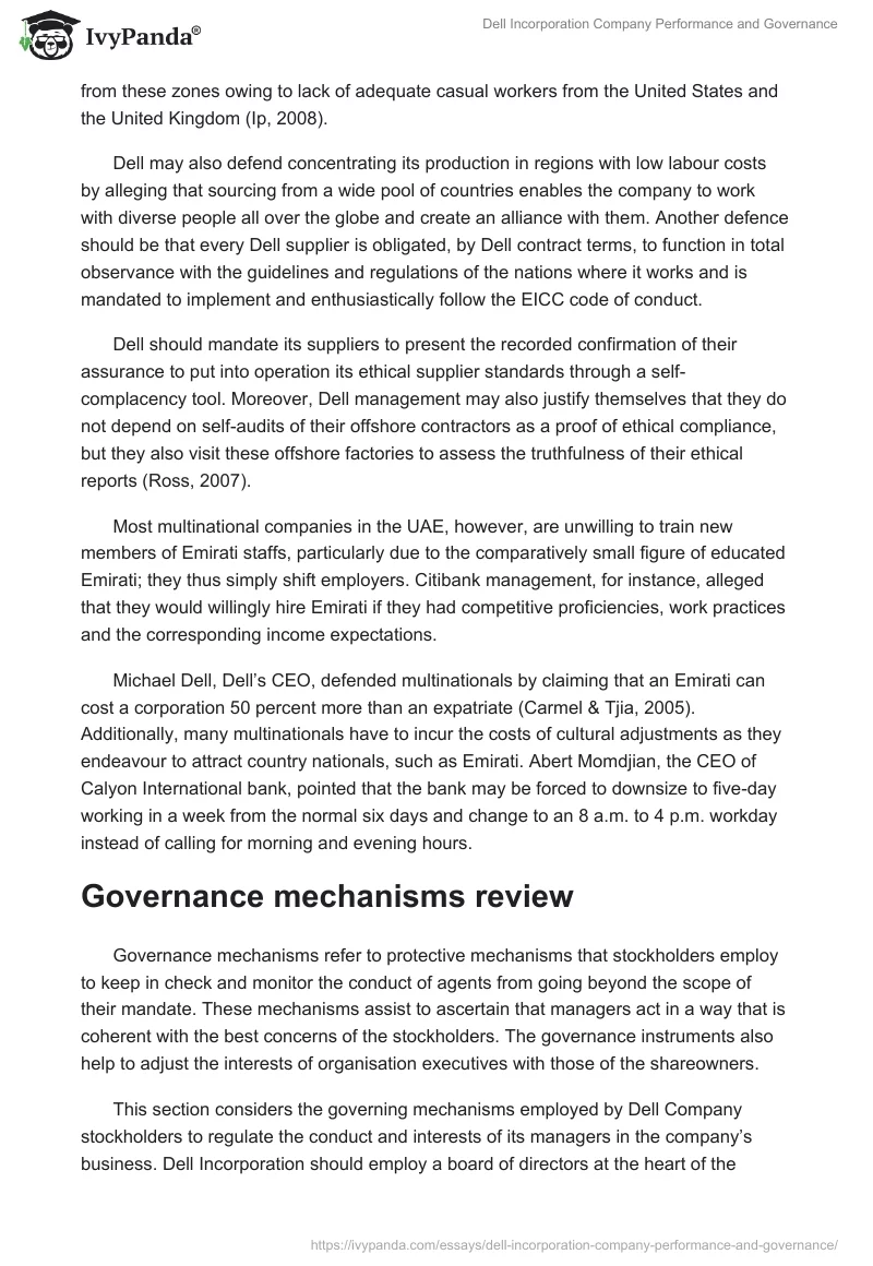 Dell Incorporation Company Performance and Governance. Page 2