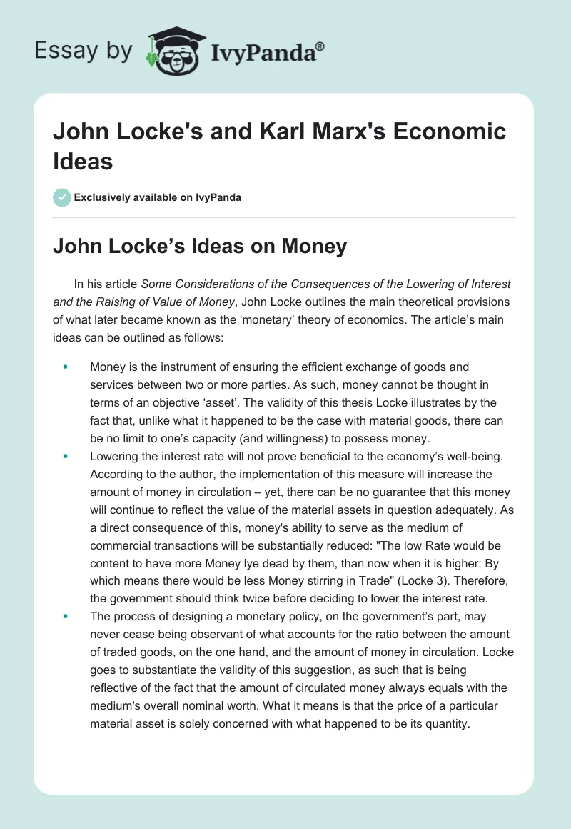 John Locke's and Karl Marx's Economic Ideas. Page 1