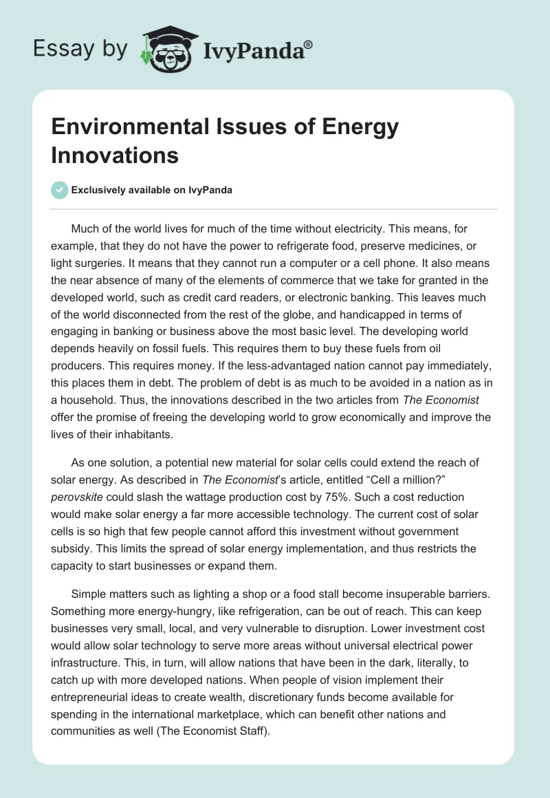 Environmental Issues of Energy Innovations. Page 1